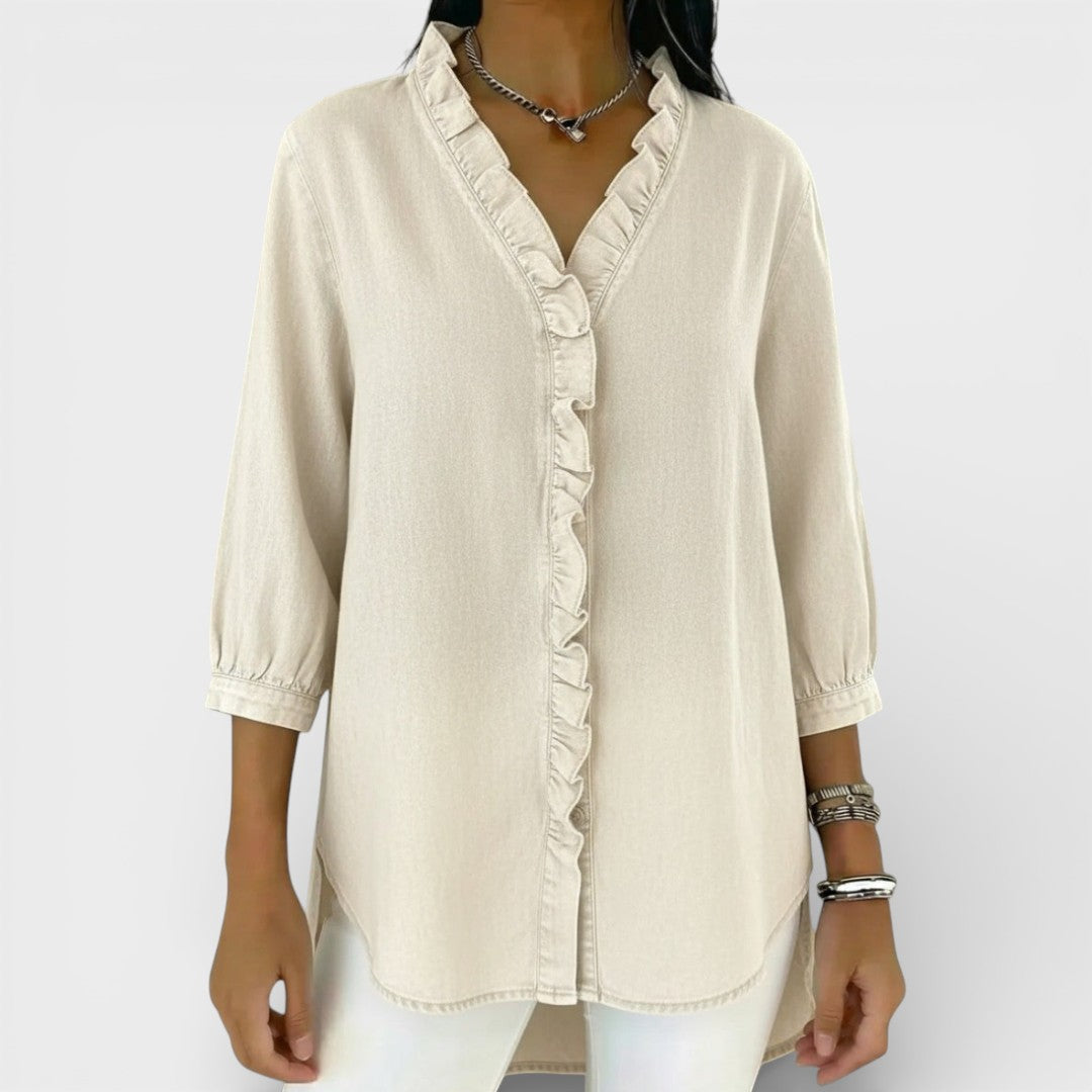 Chambray Ruffle-Front Denim Blouse