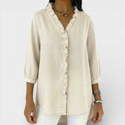 Chambray Ruffle-Front Denim Blouse