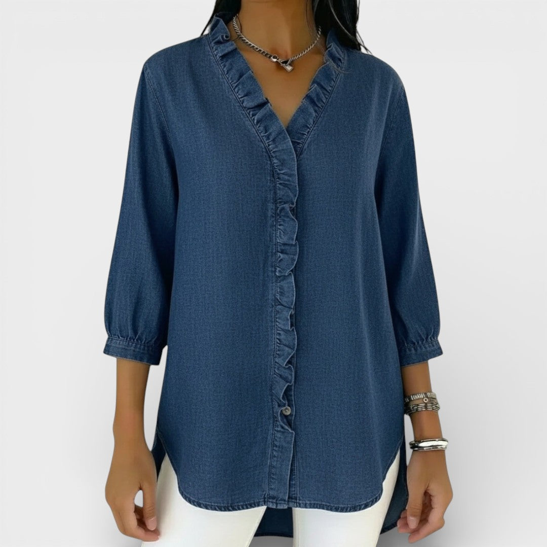Chambray Ruffle-Front Denim Blouse