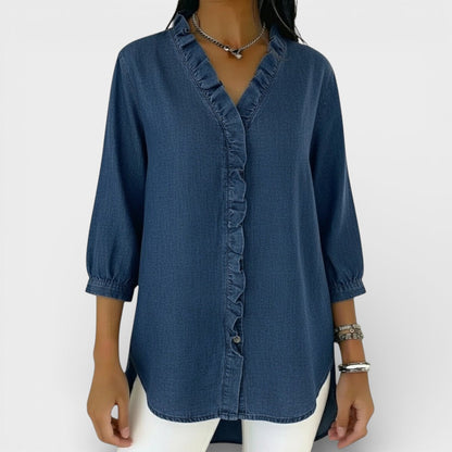 Chambray Ruffle-Front Denim Blouse