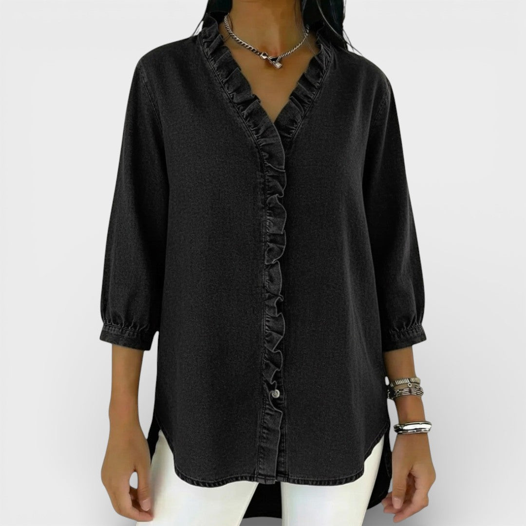 Chambray Ruffle-Front Denim Blouse