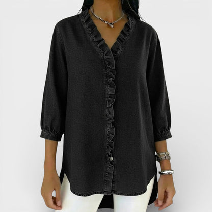 Chambray Ruffle-Front Denim Blouse