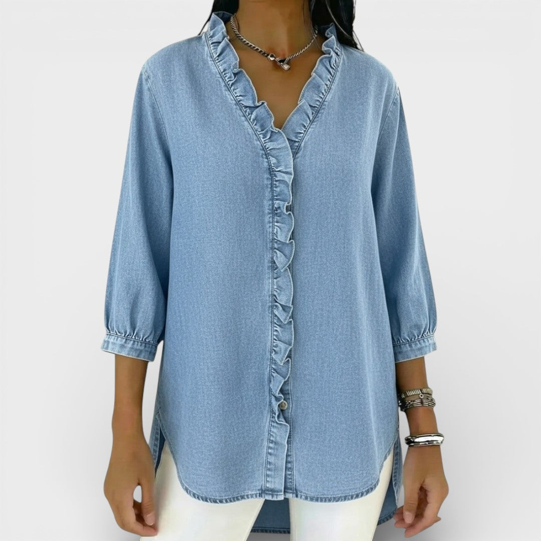 Chambray Ruffle-Front Denim Blouse