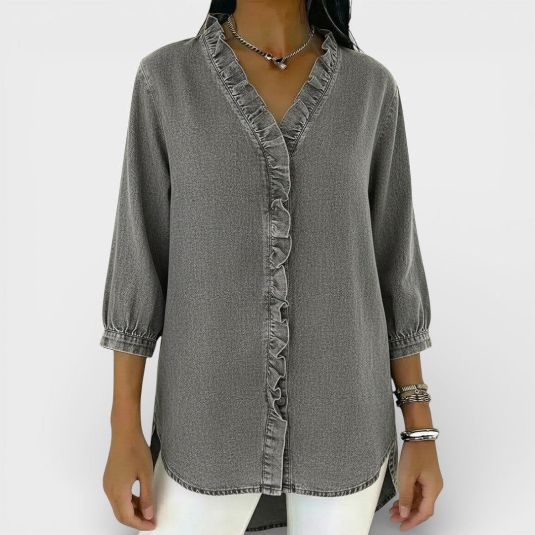 Chambray Ruffle-Front Denim Blouse