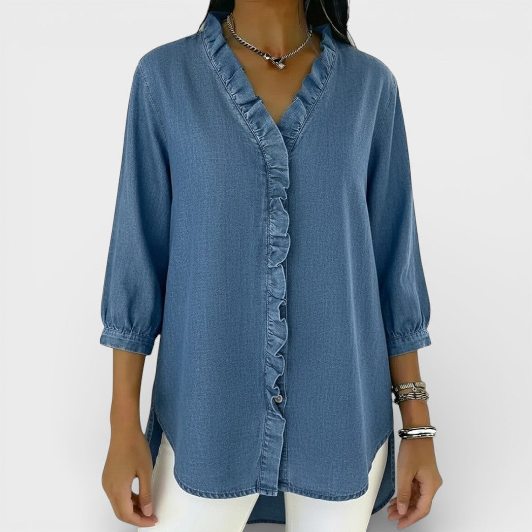 Chambray Ruffle-Front Denim Blouse