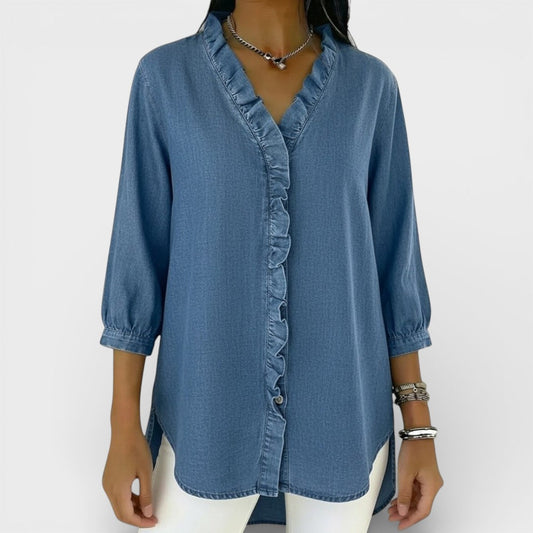 Chambray Ruffle-Front Denim Blouse