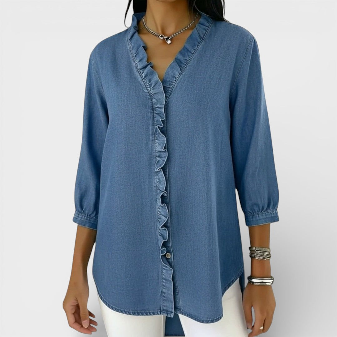 Chambray Ruffle-Front Denim Blouse