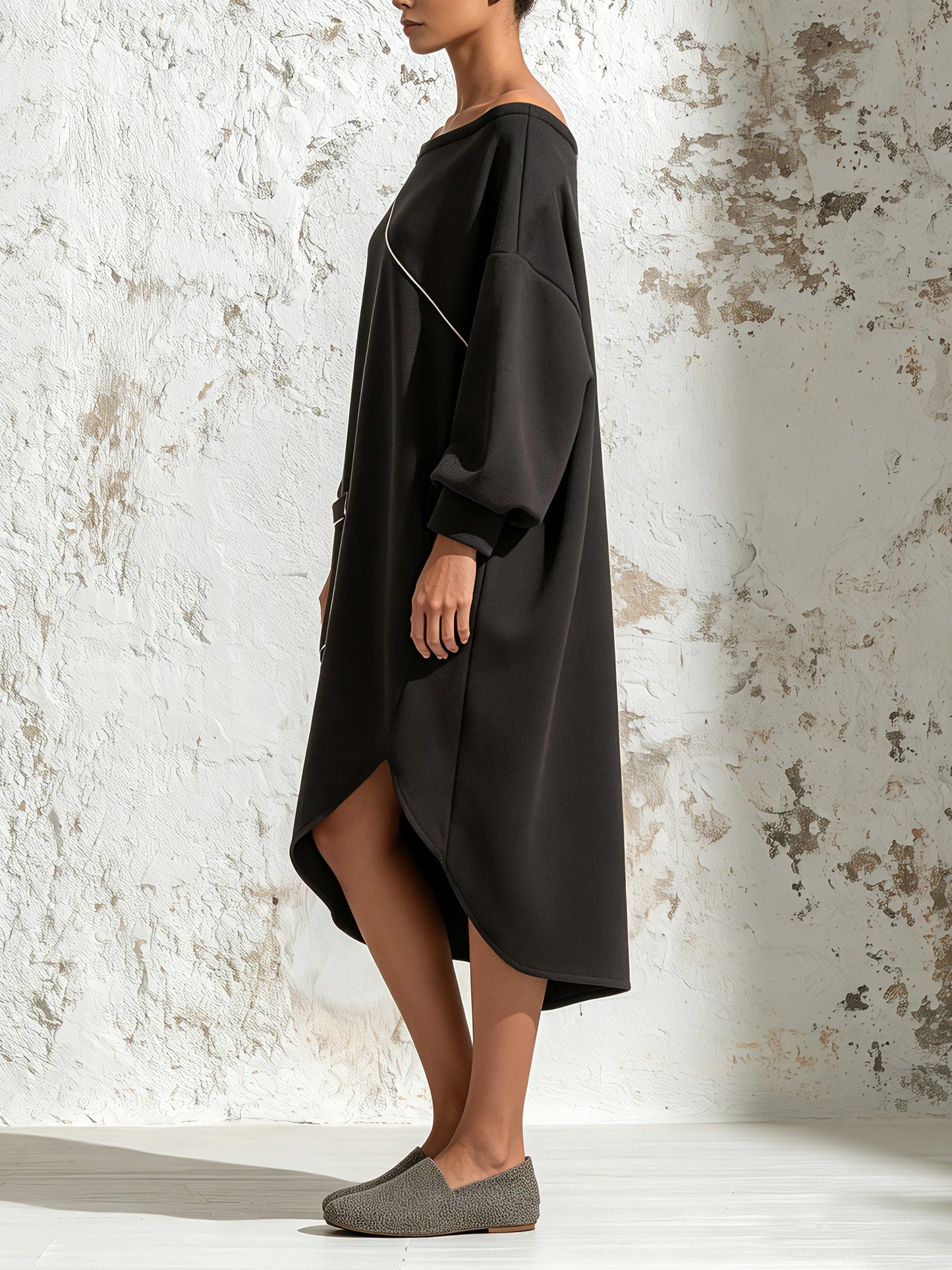 Black Off Shoulder Oversized Tunic Dress With Contrast Piping – Minimalist Elegant Midi Dress For Women