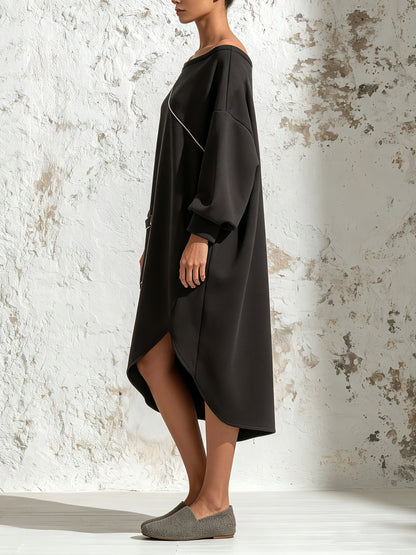 Black Off Shoulder Oversized Tunic Dress With Contrast Piping – Minimalist Elegant Midi Dress For Women