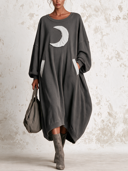 Loose Midi Sweatshirt Dress With Crescent Moon Applique