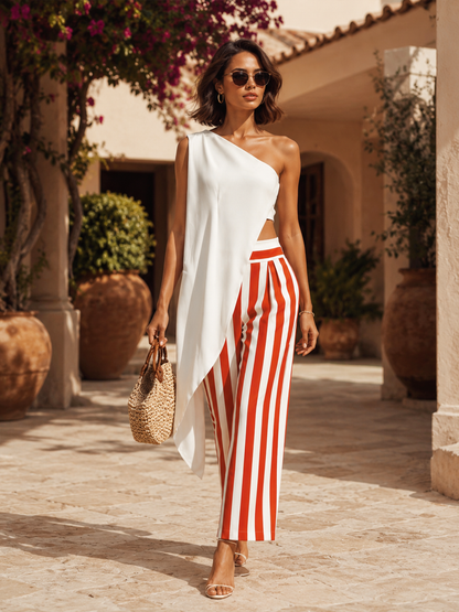 Sunset Stripes Asymmetrical One-Shoulder Two-Piece Set | Effortless Vacation Glam