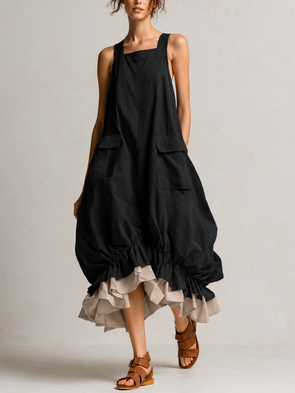 Yellow Sleeveless Cargo Pocket Layered Ruffle Hem Midi Overall Dress